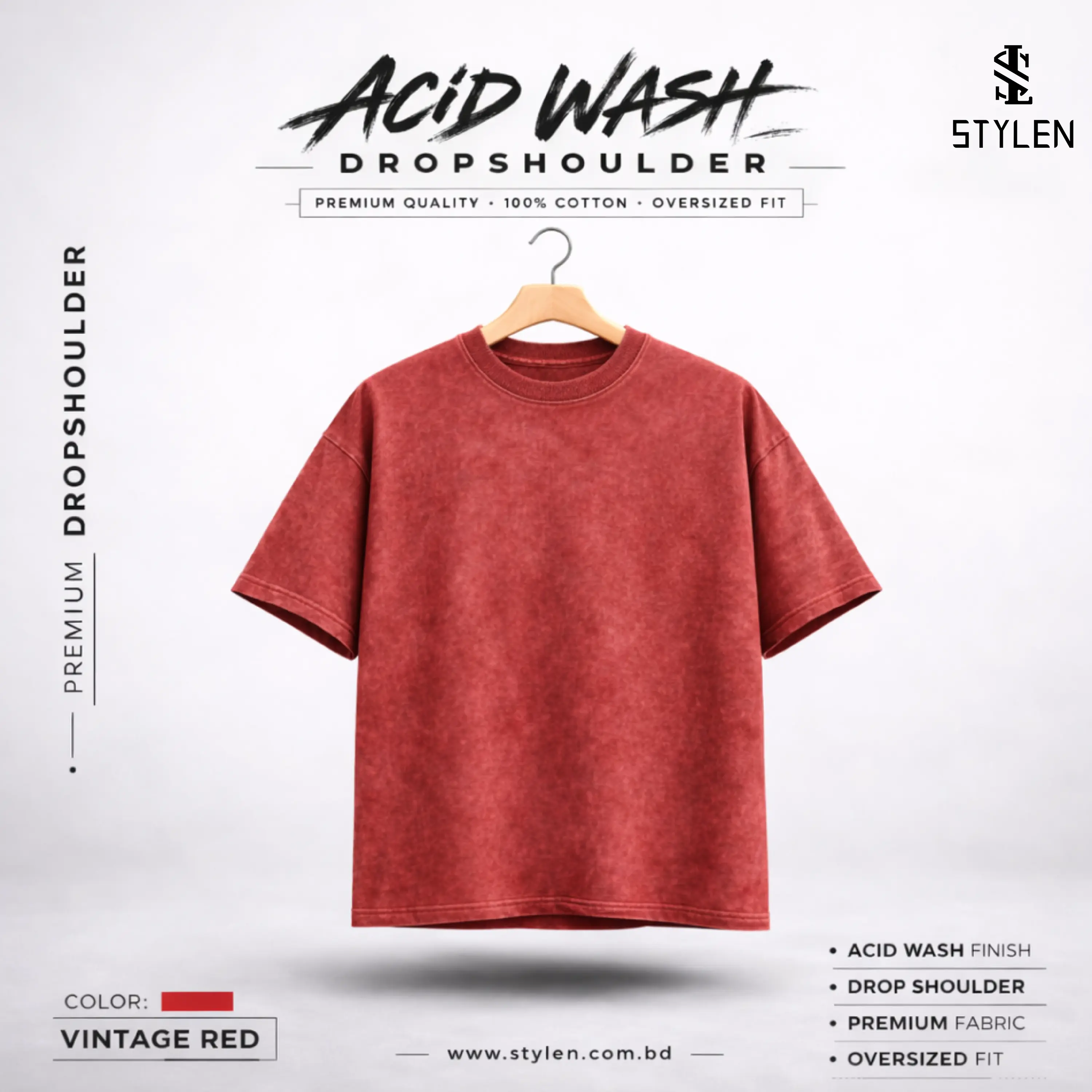 VINTAGE RED ACID WASHED DROP SHOULDER