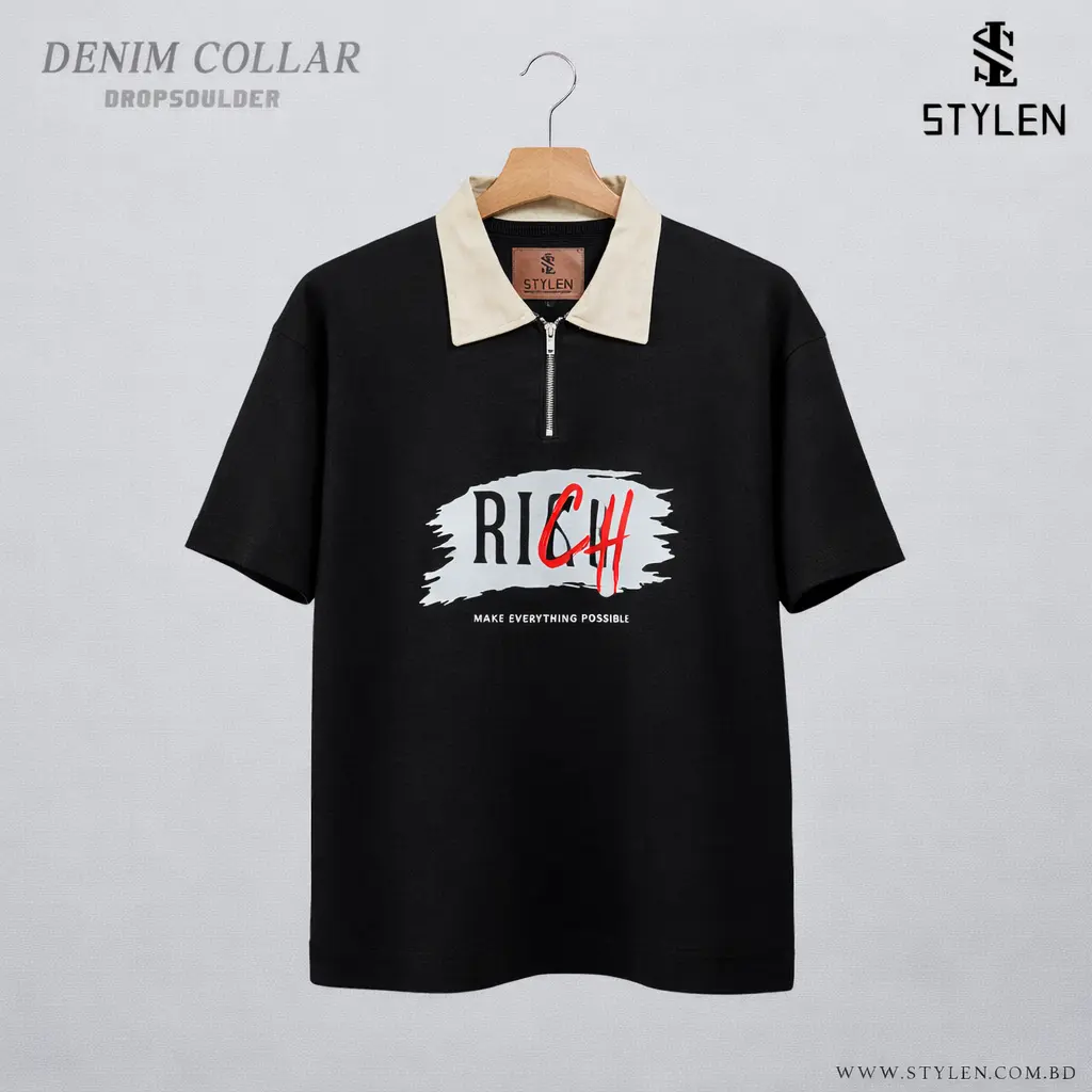 PRINTED DENIM POLO DROP SHOULDER