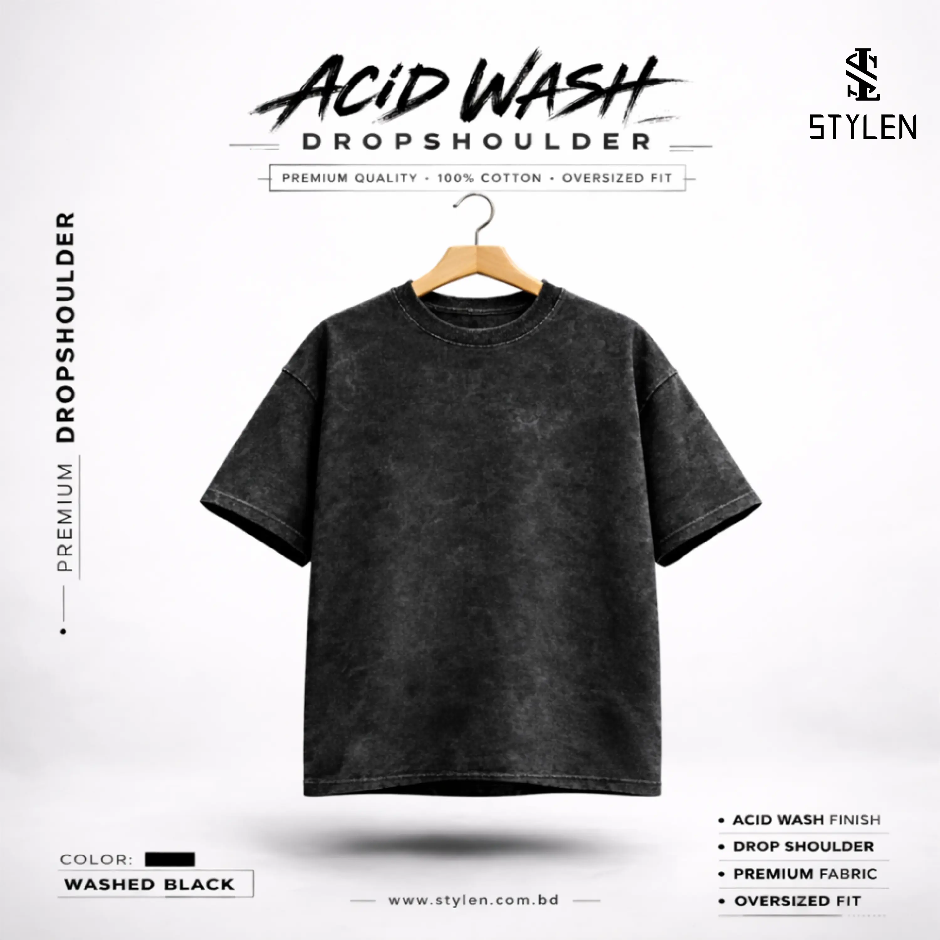 BLACK ACID WASH DROP SHOULDER
