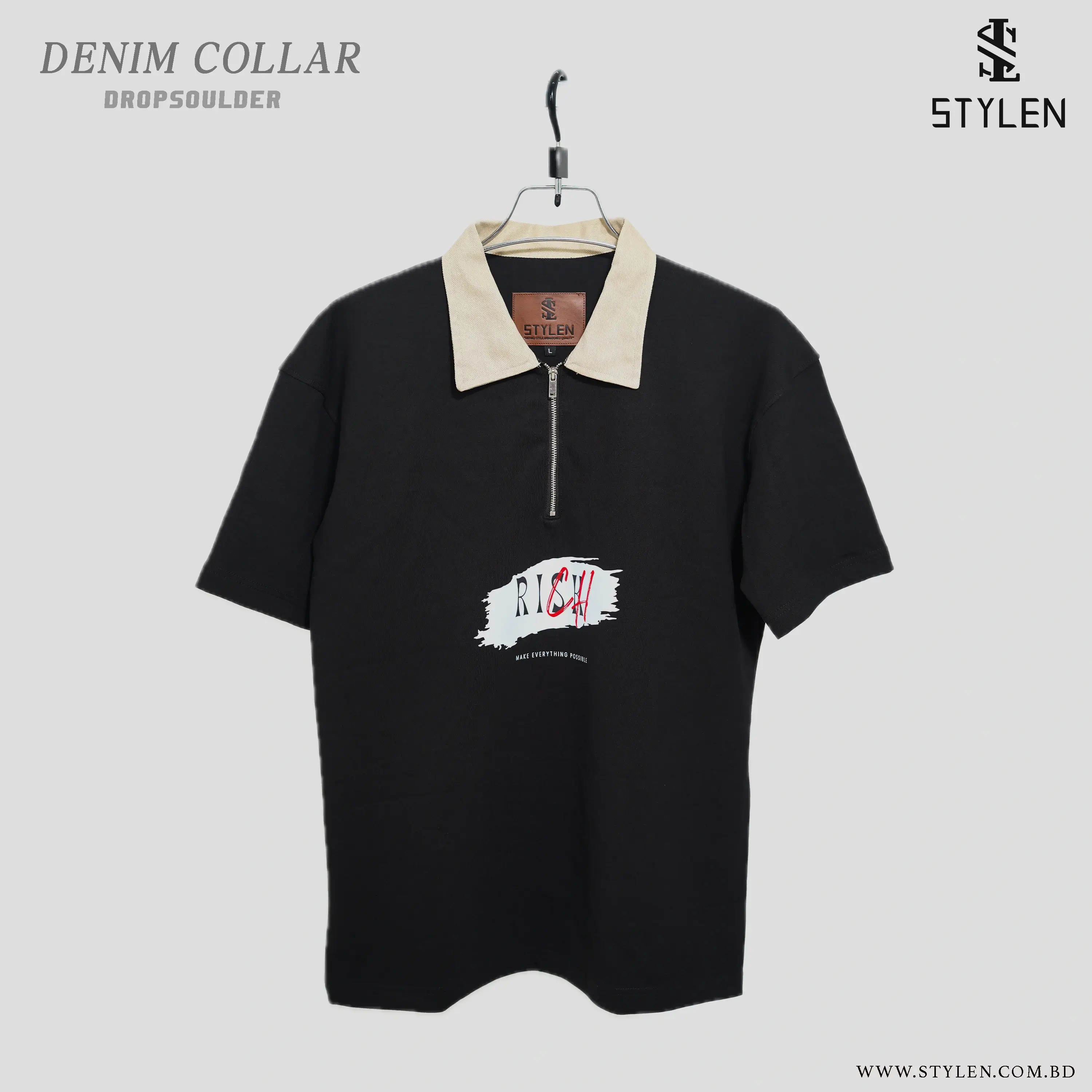 PRINTED DENIM POLO DROP SHOULDER