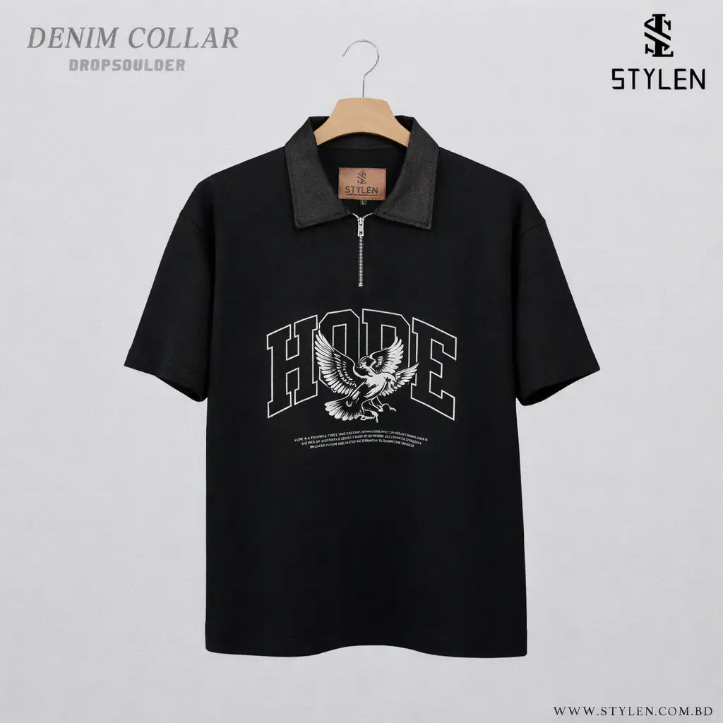 PRINTED DENIM POLO DROP SHOULDER