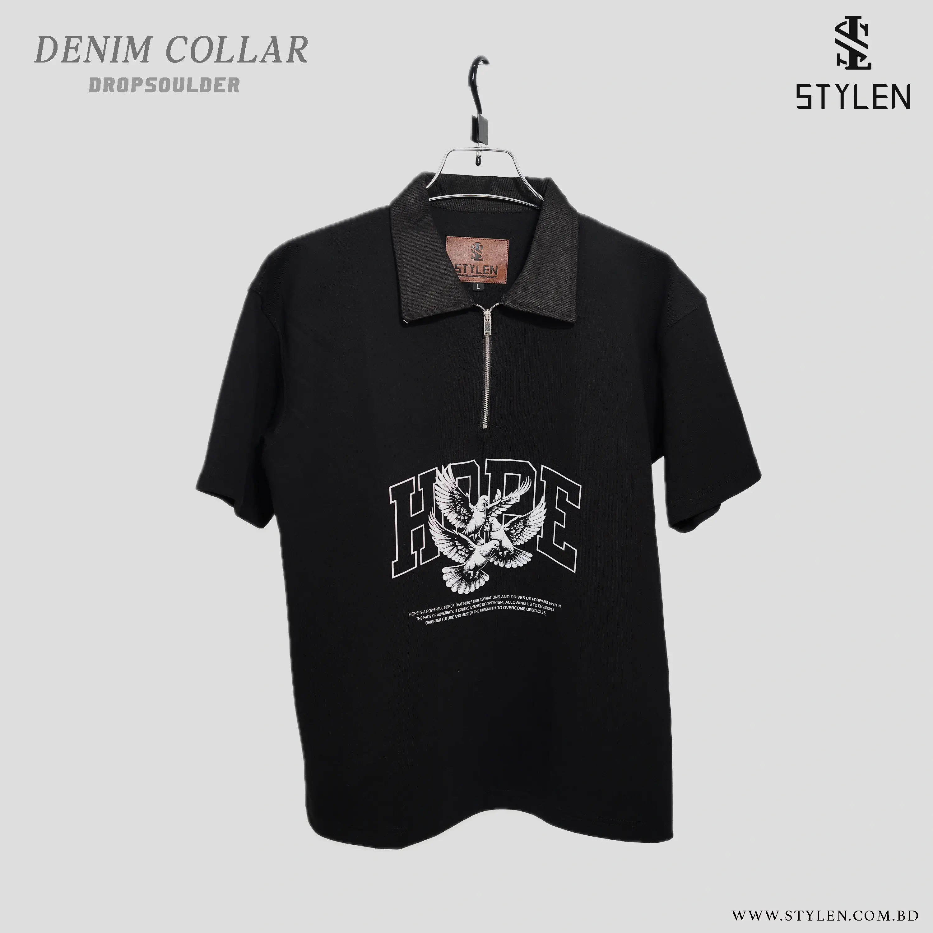 PRINTED DENIM POLO DROP SHOULDER